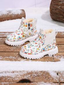 1 Pair New Children's Thermal Lined Floral Ankle Boots, Side Zipper Design Easy To Put On And Take Off, Thick Sole Anti-Slip Warm Soft Bottom Boots For Infants - White - View 6