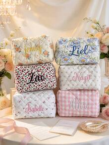 個性化刺繡化妝包 定製姓名 粉色花卉格紋絎縫化妝包 伴娘求婚禮物 - 彩色 - 查看 4