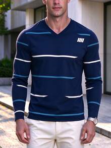 Men's Autumn Casual Streetwear Soft Knit V-Neck Long Sleeve T-Shirt, Navy Blue Striped Slim Fit, Everyday Urban Streetwear Top - Multicolor - View 3