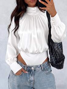 White Satin Ruched Stand Collar Bodysuit Top For Women, Gathered Stand Collar Lantern Long Sleeve Satin Blouse Bodysuit - White - View 7