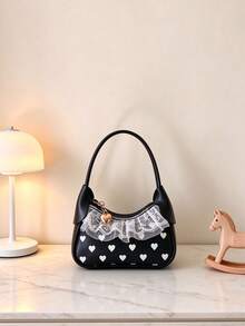 Girls' Sweet Heart Print Mini Handbag, Lace Trim Zipper Pouch, Multiple Colors Available, Princess Accessory Bag - A - View 6
