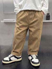 4-7 Years Old Boys Minimalist Straight Leg Casual Pants, Elastic Waistband, Pockets, Loose Fit Long Pants - Khaki - View 3
