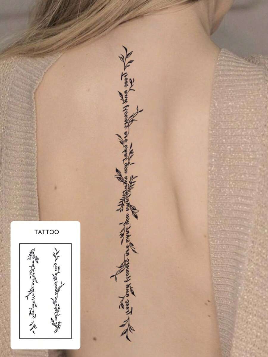 1 Shett Black Botanical Temporary Tattoo Stickers, Long Vertical Vine & Leaf Designs With Script Lettering, Fine Line Floral Spine Back Tattoo Decals For Women, Minimalist Boho Nature Body Art For Festivals, Parties & Everyday Wear - Black - View 1