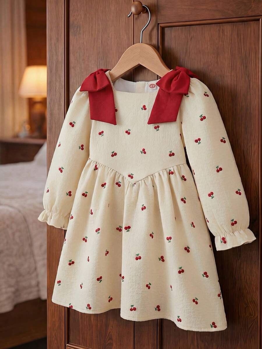 Spring/Autumn Girls' Cherry Print Long Sleeve Dress, Square Neck ...