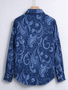 Kemeja Lengan Panjang Kancing Depan Motif Bunga Paisley Vintage untuk Wanita Musim Gugur - Biru - View 2