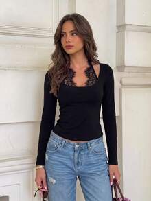 Vuslat Women's Winter Fashion New Versatile Slim Fit U-Neck Lace Trim Solid Color T-Shirt, Suitable For Commuting, Campus, Dating, Shopping, Gathering - Black - View 7