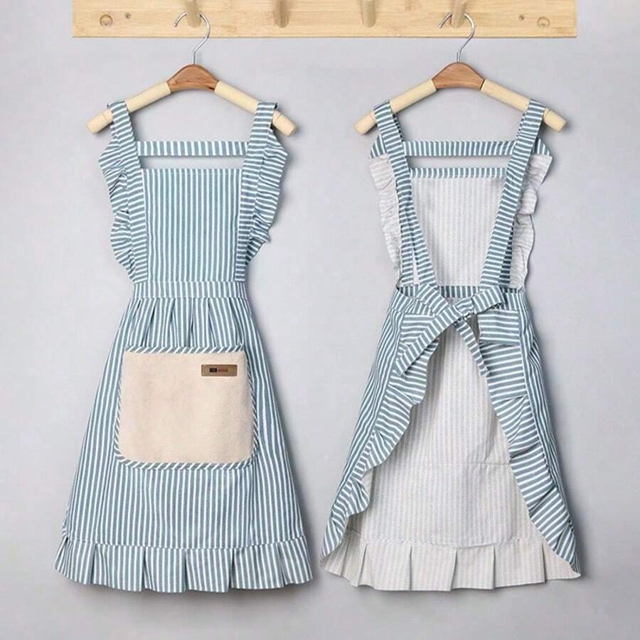 Linen Striped Apron, Fashionable And Breathable, Suitable For Housework, Restaurant, Home, Outdoor, Kitchen And Other Occasions, Princess Waist Design, Equipped With Shoulder Straps And Waistband, Made Of High-Quality Fabric, Resistant To Friction And Pilling, Adjustable Back Tie, Suitable For Various Body Types. - Multicolor - View 1