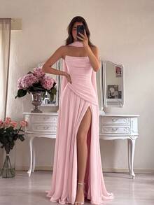 ADYCE Elegant Halter Tie Sweetheart Neckline High Waist Pleated High Slit Backless Floor Length Party Dress, Suitable For Prom, Birthday, Christmas, Wedding - Baby Pink - View 1