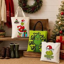 The Grinch Element Print Canvas Tote Bag, Large Capacity Commuter Shoulder Bag - Multicolor - View 12