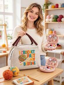 Printed Yarn, Scissors & Knitting Needle Tote Bag For Storing Sewing Tools, Makeup, And Small Personal Items. Multiple Fresh Striped Colorways, Suitable For Handicraft Enthusiasts And Commuting. Mini Portable Sewing Kit Tool Set, Artistic Handmade Healing Style, Perfect Practical Creative Gift For Girls Who Love Knitting And Sewing - Multicolor - View 2