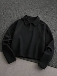 1pc Men's Black Polo Shirt, Turn-Down Collar, Double-Button Half-Placket, Raglan Ribbed Patchwork, Loose Curved Hem, Minimalist Mature Style, Long Sleeve, Suitable For Daily Commute, Street, Casual Outings - Black - View 7
