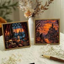 1 Sheet 6*6 Inch Flat Decorative Paper, Non-Repeating Halloween Gothic Castle Oil Painting Material Paper, Full Moon, Crow, Pumpkin, Bat, Red Rose Skull Vintage Textured Pattern, Scrapbooking Collage, Halloween Card Making, Photo Album DIY, Gift Box Lining Handmade Background Paper - Square - View 7