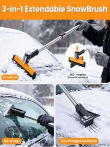 1pc 3-In-1 Telescopic Snow Brush And Ice Scraper, 360° Rotating Detachable Snow Brush With Adjustable Extendable Handle, Winter Car Snow Removal Tool For Car Windshield, Suitable For Cars, SUVs, Trucks And Sedans - A - View 9
