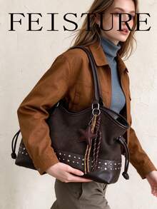 FEISTURE 1pc Large Capacity Rivet Inlaid Suede & PU Patchwork Shoulder Bag, Fashionable Oversized Tote Bag, Suitable For Girls, Women, College Students, New Professionals And White-Collar Workers, Perfect For Work, Business, Commuting, School - Coffee - View 5