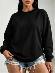 Plus-Size Women's Casual Sweatshirt With A Round Neck And Long Sleeves, Suitable For Everyday Wear In Autumn And Winter. - Black - View 2