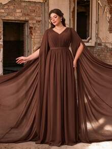 Mgiacy Plus Size Elegant Women's V-Neck Pleated Flowy Split Sleeve Maxi Dress, Suitable For Wedding Guest, Ball, Outing And Holiday Party - Coffee Brown - View 1