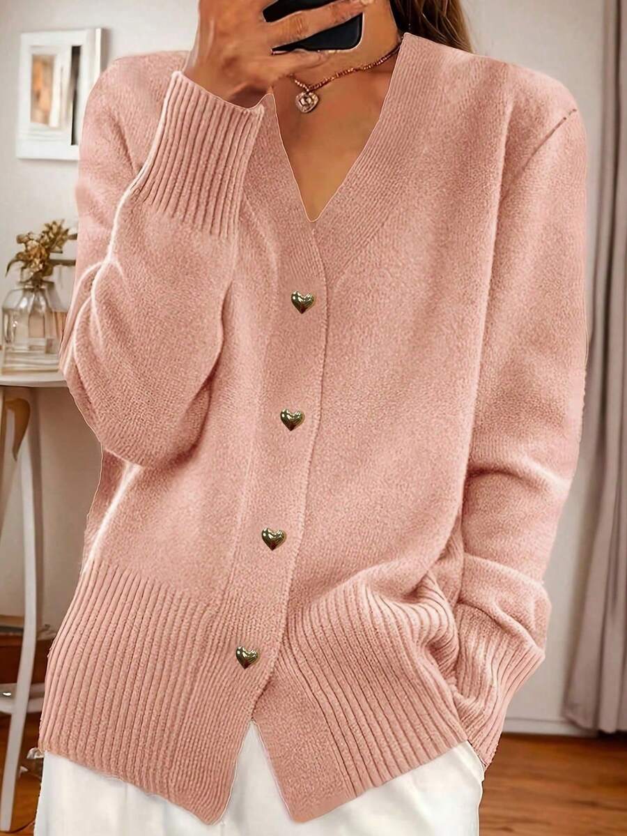 Autumn/Winter Plus Size Women's Heart Button Long Sleeve Cardigan Sweater, Suitable For Daily Wear, Dating, Versatile Sweater Jacket - Coral Pink - View 1