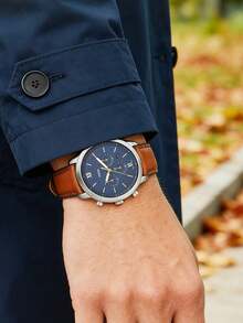 Fossil FS5453 Men Chronograph Watch,44mm Silver‑Tone Steel Case,Brown Strap,Deep‑Blue Dial,Roman Numerals,Date,3ATM Water Resistant - Blue - View 4
