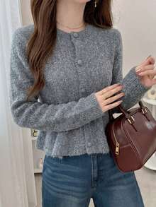 FRIFUL Weekend Women's Round Neck Ruffle Trim Long Sleeve Cardigan, Elegant Autumn/Winter Style - Grey - View 4