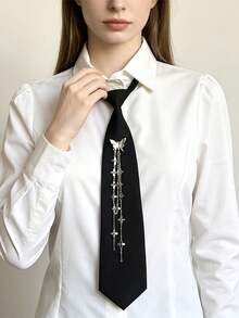 1pc Women's Butterfly Tassel Star Personalized Fashion Solid Color Necktie, Suitable For Daily Wear And Gatherings - Black - View 9