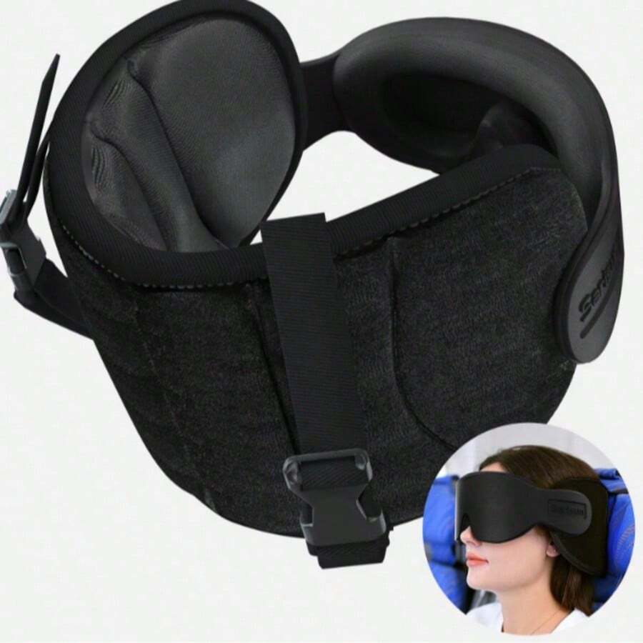 Set Bantal Perjalanan dengan Penutup Mata, Bantal Penopang Leher Portabel, Ikat Kepala yang Dapat Diatur, Perlengkapan Tidur Penting untuk Perjalanan Pesawat, Mobil, Kereta Api, Istirahat Nyaman - Hitam - View 1
