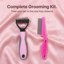 2PCS Pet Comb Set: Professional Cat And Dog Knot Comb And Fine Tooth Comb, Painless Removal Of Knots, Tangles, And Floating Hair, Suitable For Effective Hair Removal And Trimming Tools For Long And Thick Haired Pets, Cat Stuff, And Dog Stuff. - Pink - View 12