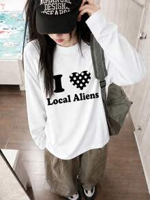 Women's Fashion Autumn/Winter Loose Minimalist Versatile Letter & Heart Print Long Sleeve T-Shirt - White - View 2
