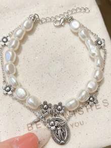 1pc Faux Pearl Beaded Flower Cross Virgin Mary Charm Bracelet, Fashion Vintage Style, Suitable For Daily Wear, Jewelry Gift - Multicolor - View 15