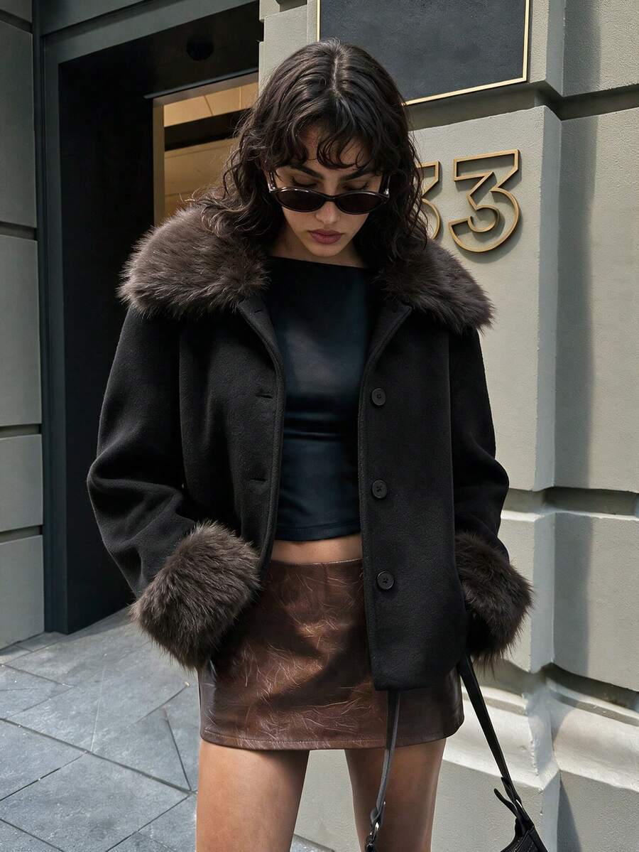 Women's Fashion Black Woven Jacket With Faux Fur Collar And Cuffs, Perfect For Autumn/Winter. Woven Fabric 320g - Black - View 1