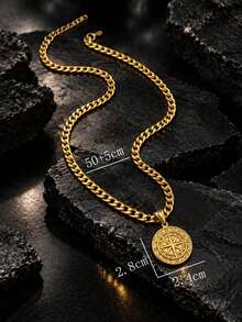 1pc Stainless Steel 18K Gold Plated Viking Nordic Style Metallic Compass Pendant Necklace, Coin Badge Fashion Versatile Thick Side Chain For Men - Multicolor - View 4