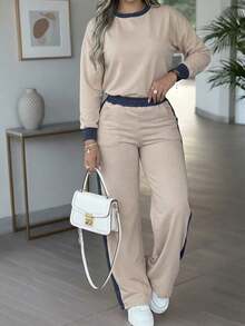 LUNNELUX Women's Autumn 2 Pieces Set, Soft Knit Colorblock Long Sleeve Top & Side Stripe Wide Leg Pants, Casual Daily Commute Sports Outfit - Khaki - View 7