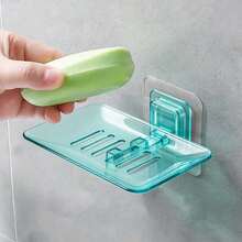 Wall-Mounted Soap Dish, Drill-Free Self-Adhesive Soap Holder, Bathroom Shower Drainage Soap Tray, Transparent Turquoise Soap Storage Rack - Square - View 1