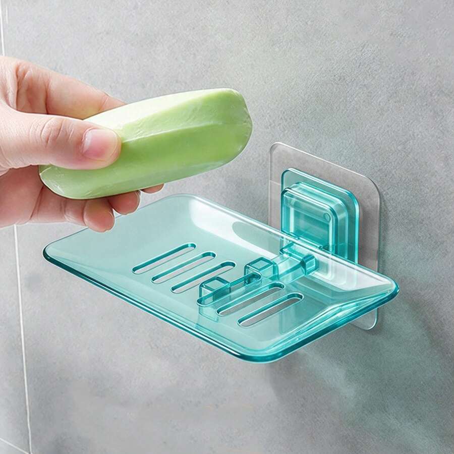 Wall-Mounted Soap Dish, Drill-Free Self-Adhesive Soap Holder, Bathroom Shower Drainage Soap Tray, Transparent Turquoise Soap Storage Rack - Square - View 1