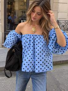 New Arrival Fashionable Elegant Polka Dot Ruffle Off Shoulder Petal Sleeve Top, Suitable For Casual, Holiday, Date, Travel Vacation Summer - Blue - View 1