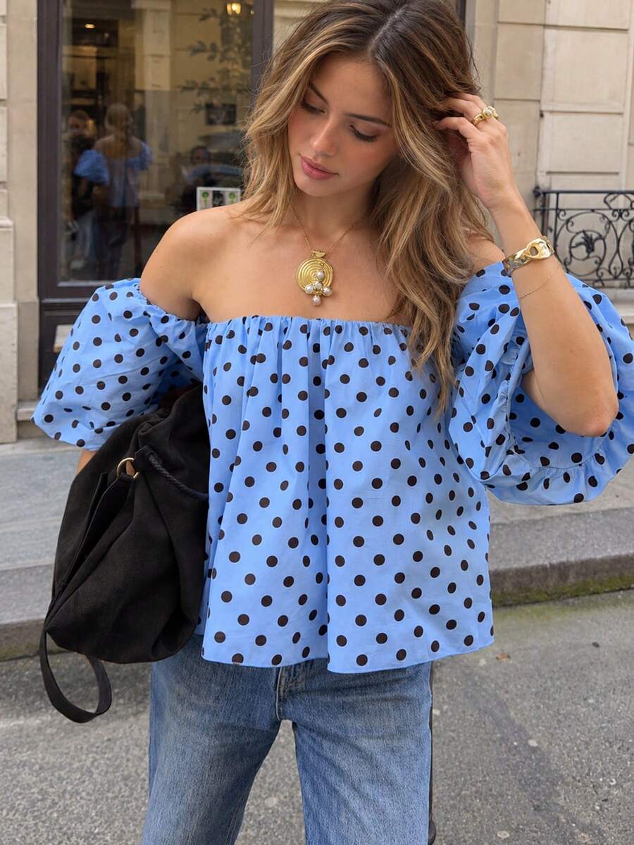 New Arrival Fashionable Elegant Polka Dot Ruffle Off Shoulder Petal Sleeve Top, Suitable For Casual, Holiday, Date, Travel Vacation Summer - Blue - View 1