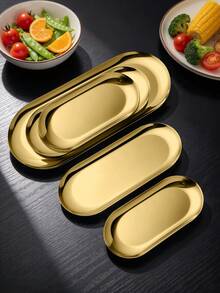 2/4Pcs Gold Oval Stainless Steel Plate, Shiny Metal Serving Tray, Stackable Tableware For Dessert Appetizer Jewelry Party Table Decor Picnic BBQ Daily Family Use - Gold - View 1
