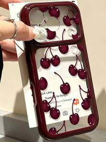 Cute Phone Case With Border Red Cherry Pattern And Color Blocks, Compatible With IPhone 18 Pro Max 18 Pro 17 Pro Max 17 Pro 17 16 Pro Max 16 Pro 16 Pro 15 Pro Max 15 Pro 15 14 Pro Max 14 Pro 14 13 Pro Max 13 Pro 13 12 Pro Max 12 Pro 12 11, Minimalist Stylish Shockproof Back Cover - Burgundy - View 2