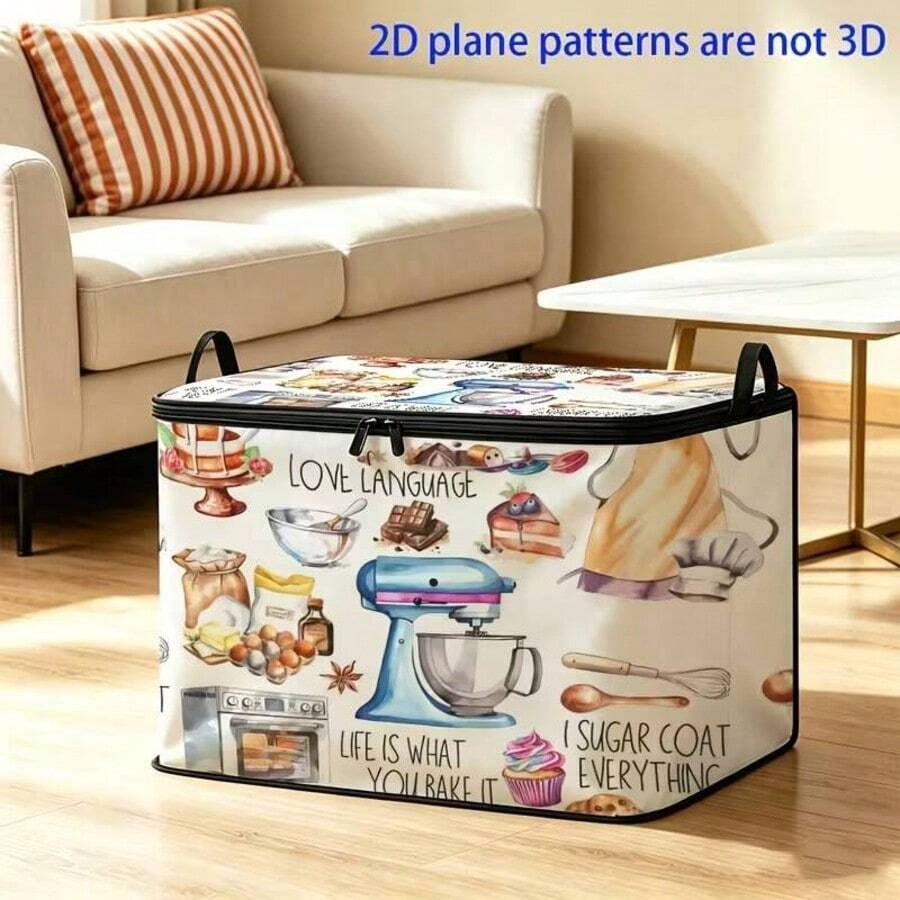 1pc Baking Theme Print Storage Box, Zipper Fabric Storage Bin With Handles, Watercolor Mixer Cake Dessert Pattern Clothes Quilt Organizer - Multicolor - View 1