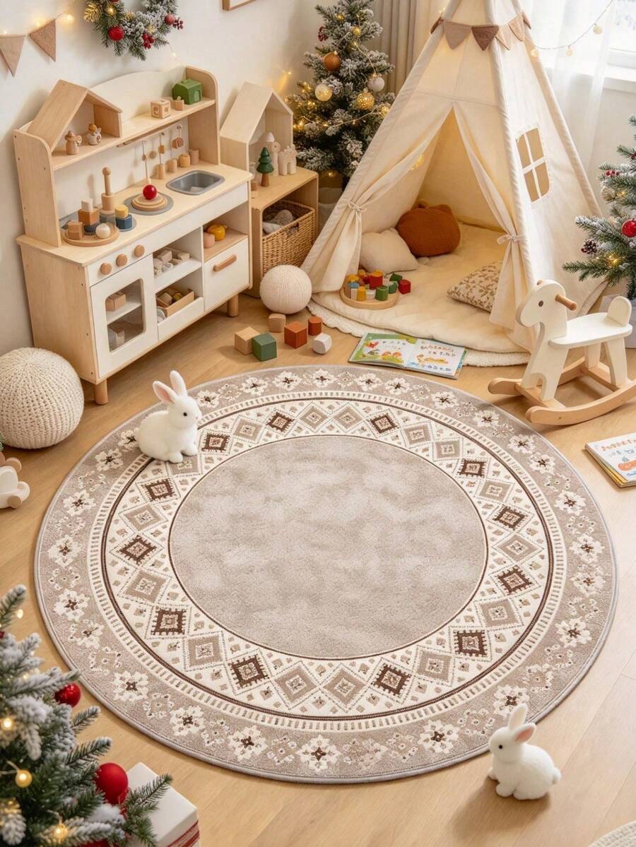 1件裝【波希米亞地毯】Ins復古邊框圓形地毯，客廳沙發裝飾墊，波希米亞幾何圖案毛絨地毯，中世紀現代風柔軟裝飾，經典圓形地毯，可水洗居家圓地毯，氛圍感家居禮物