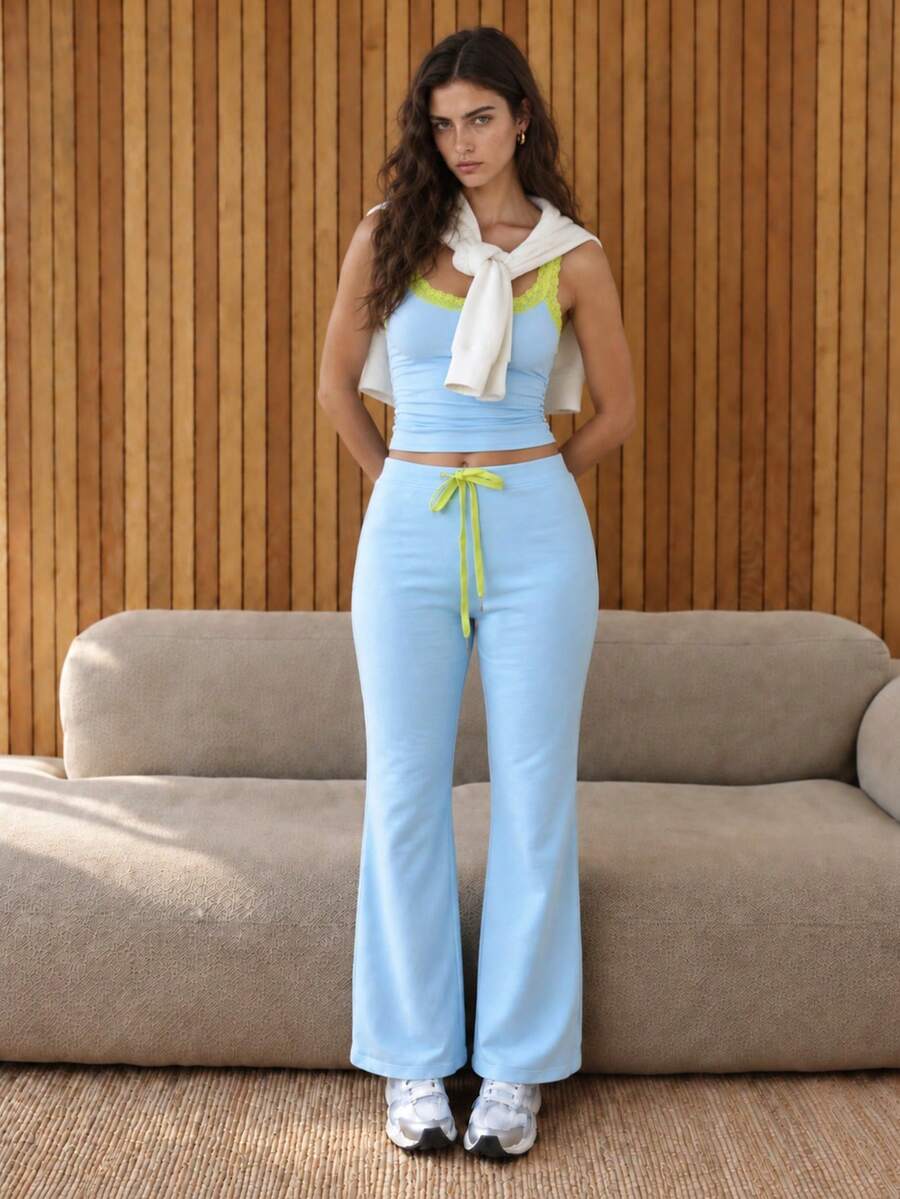 Zerodot Women Baby Blue With Neon Drawstring Y2K Flared Pants Casual Daily Fall Winter Knit - Baby Blue - View 1
