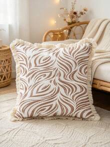1PC Boho Style Tassel Square Pillow Cover,Vintage Brown Curved Ripple Pattern,Double-Sided Printing,Tassel Edge Design,Cushion Cover,Suitable For Sofa,Bench,Bed,Living Room,Bedroom And Home Decoration(Excluding Pillow Core)-Size Excludes 3cm Tassels - Multicolor - View 11