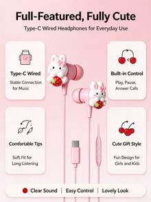 1pc Pink Rabbit Jewelry Wired Headset, Fully Compatible With Type-C/3.5MM, Full In-Ear DIY Cute Accessories, Built-In Volume Control And Microphone, High-Definition Call Mobile Phone Headset, Cute Gifts, Suitable For Music, Learning And Games - View 9