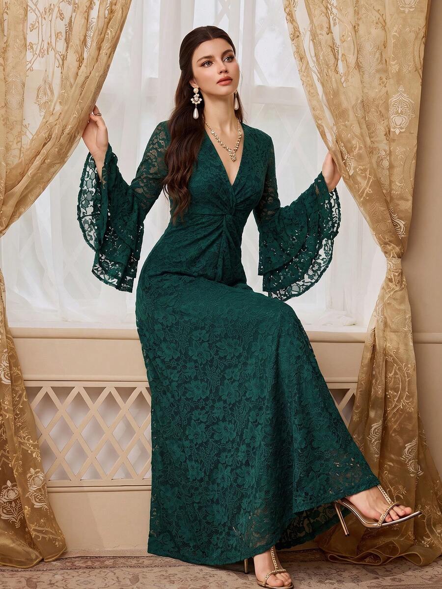 Elegant Women's Long Green Lace Woven Formal Dress, Ruffle Cuffs And Twisted Details, Charming Overlap Collar Evening Gown - Dark Green - View 1
