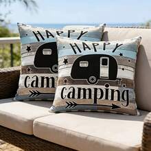 2pcs Happy Camping Camper Trailer Print Throw Pillow Cover, Rustic Striped Buffalo Plaid Edge Decorative Cushion Case For Sofa Bedroom Room Decor - Blue-black - View 7
