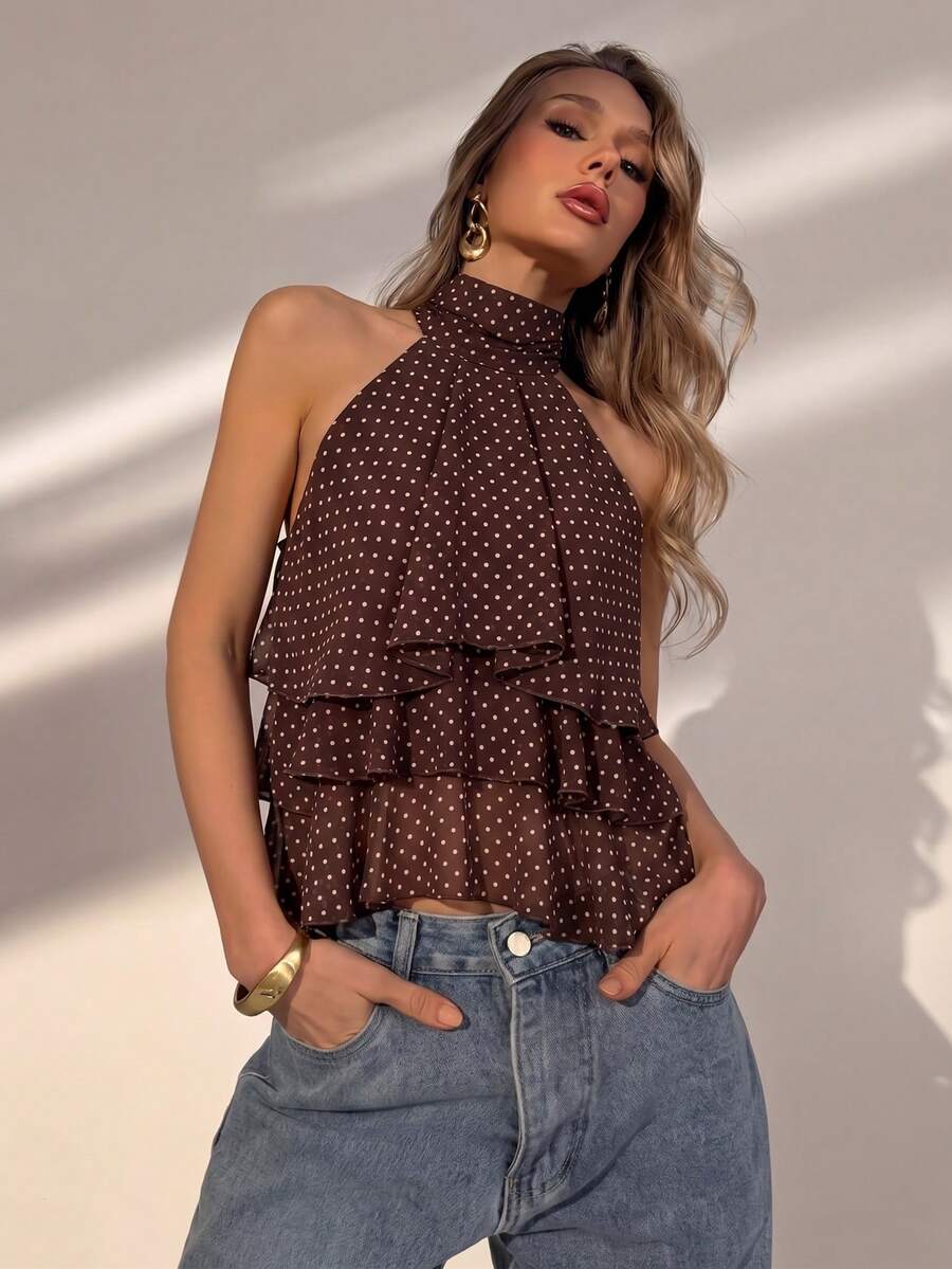 Brown Casual Fashion Polka Dot Halter Neck Tie Back Open Back Layered Ruffle Crop Top, Suitable For Weekend Vacation Date Party Nightlife - Brown - View 1