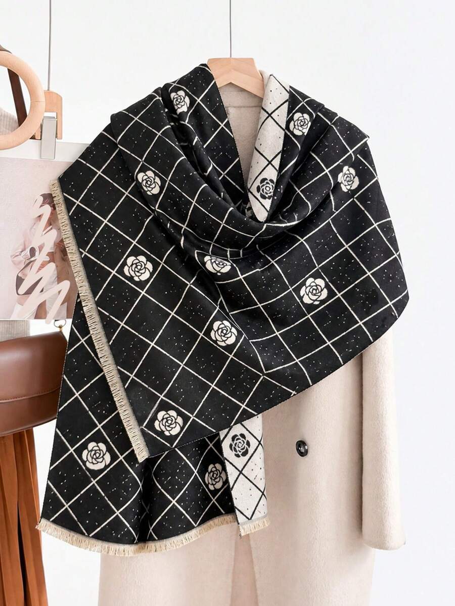 FADZOYLE 1pc Women Retro Camellia Grid Pattern Scarf, Two-Tone Large Shawl, Fringe Decor Warm Wrap Scarf For Winter Daily Outfit - Multicolor - View 1