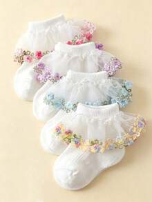 4 Pairs All-Season Newborn Baby Girl Cute Princess Style Lace Trim Socks, Colorful Embroidered Rose Flower Decoration, Mesh Breathable Short Socks, Essential For Outings And Back To School - Multicolor - View 7