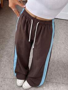 1pc Girls Teenager Casual Loose Straight Leg Wide Leg Pants With Side Stripe Design, Relaxed Outdoor Sports Style, Versatile Daily Commute Long Trousers - Brown - View 9