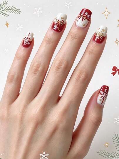Uñas postizas cortas cuadradas de presión para otoño/invierno, Navidad y Año Nuevo, color block rojo y blanco con copos de nieve, lazo y lámina dorada, acabado brillante y luminoso, puntas de uñas festivas removibles, pegatinas de uñas sin horneado, duraderas y no dañinas para fiesta de Nochevieja