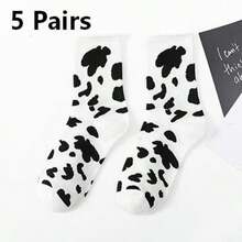 1 Pair Unisex Black & White Cow Print Mid-Calf Socks, Streetwear Casual Socks For All Seasons - Multicolor - View 12